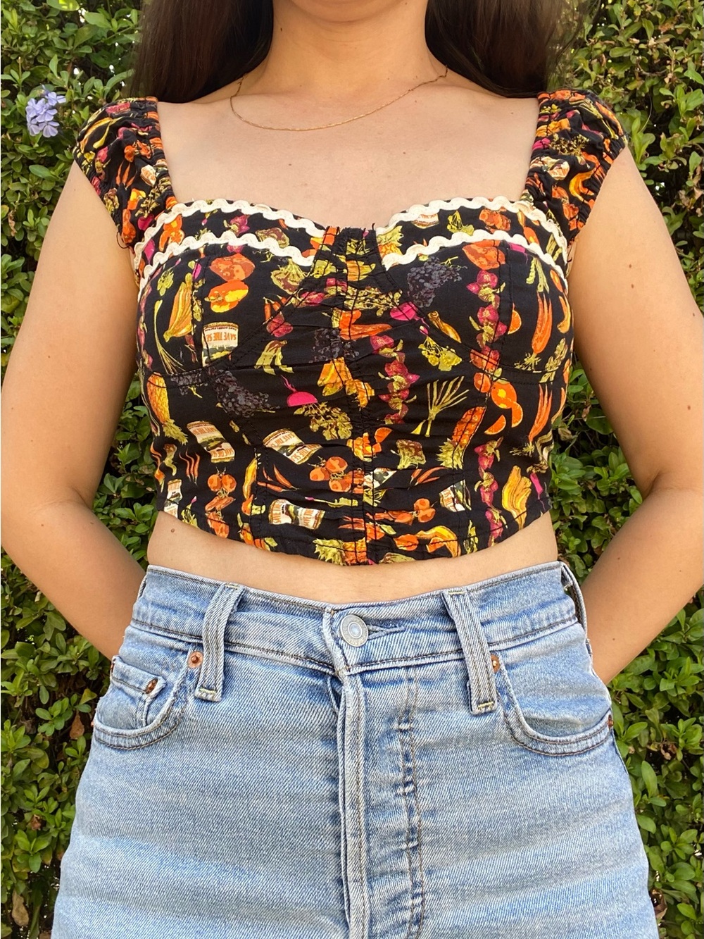 Urban Outfitters Black Floral Square-Neck Crop Top with Orange & Pink Accents